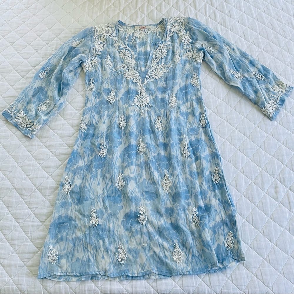 Amaya 100% Silk Embroidered Split V Neckline Dress
